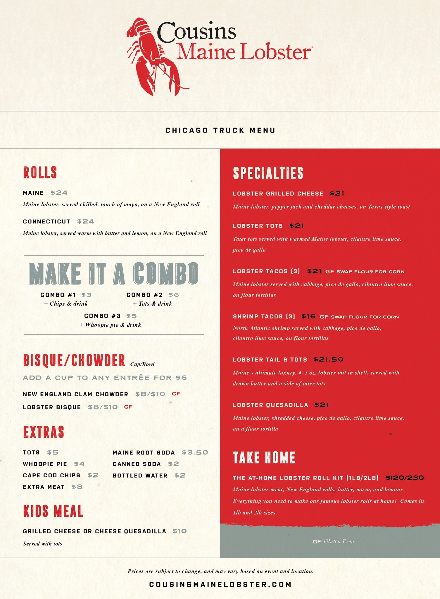 Cousins Maine Lobster menu for April 26 at noon!