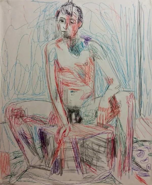 young man sitting, colored pen and pencil on paper, 2017