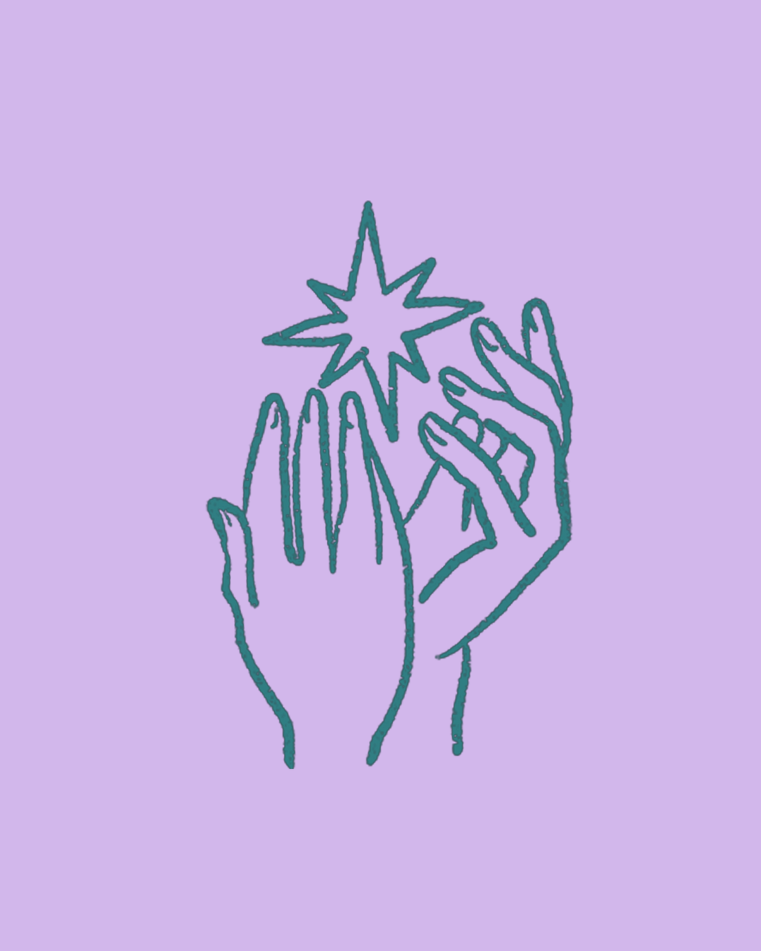 Dibujo lineal de dos manos con una estrella y un corazón en un fondo lila.