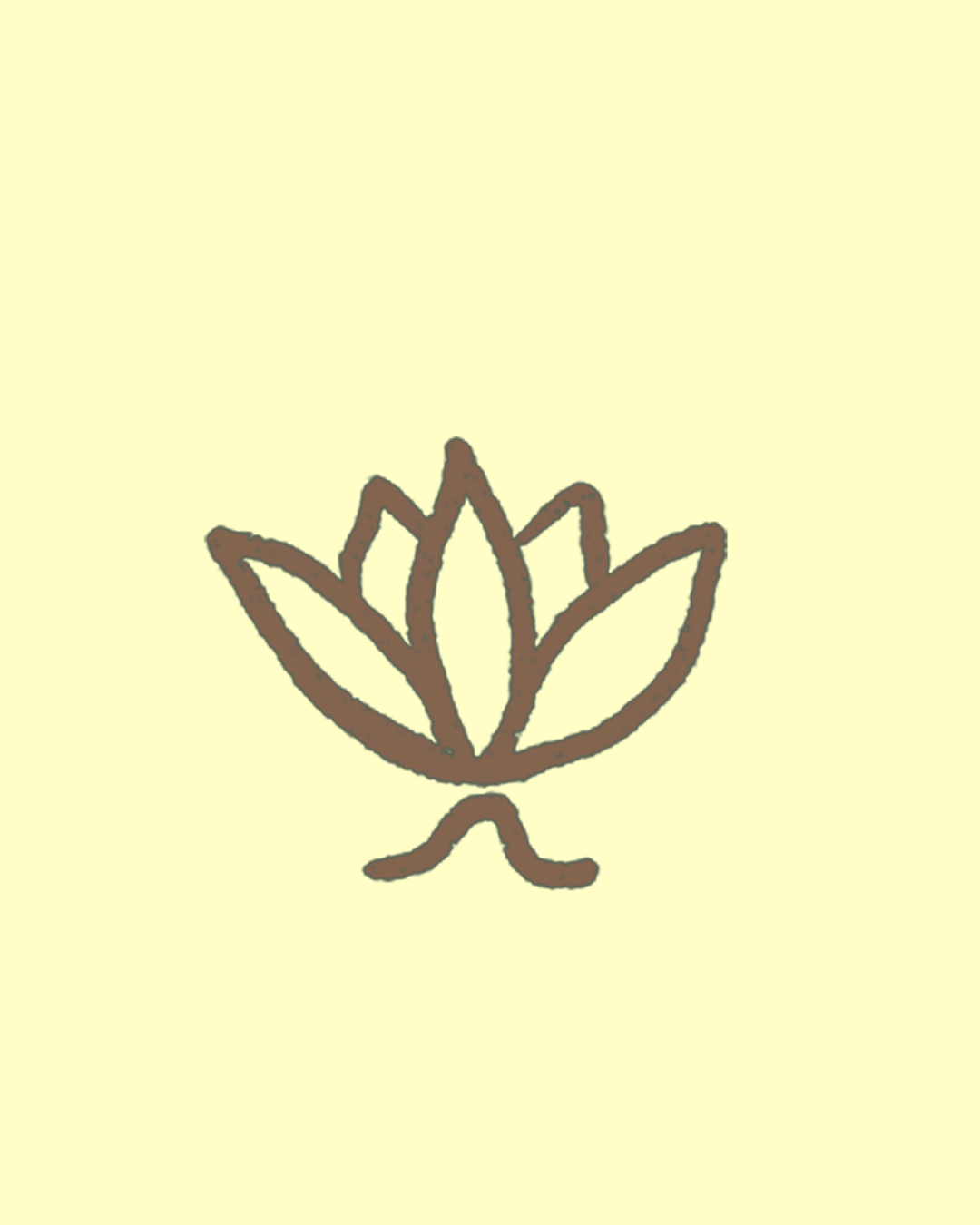Dibujo sencillo de una flor de loto en color marrón sobre fondo amarillo claro.