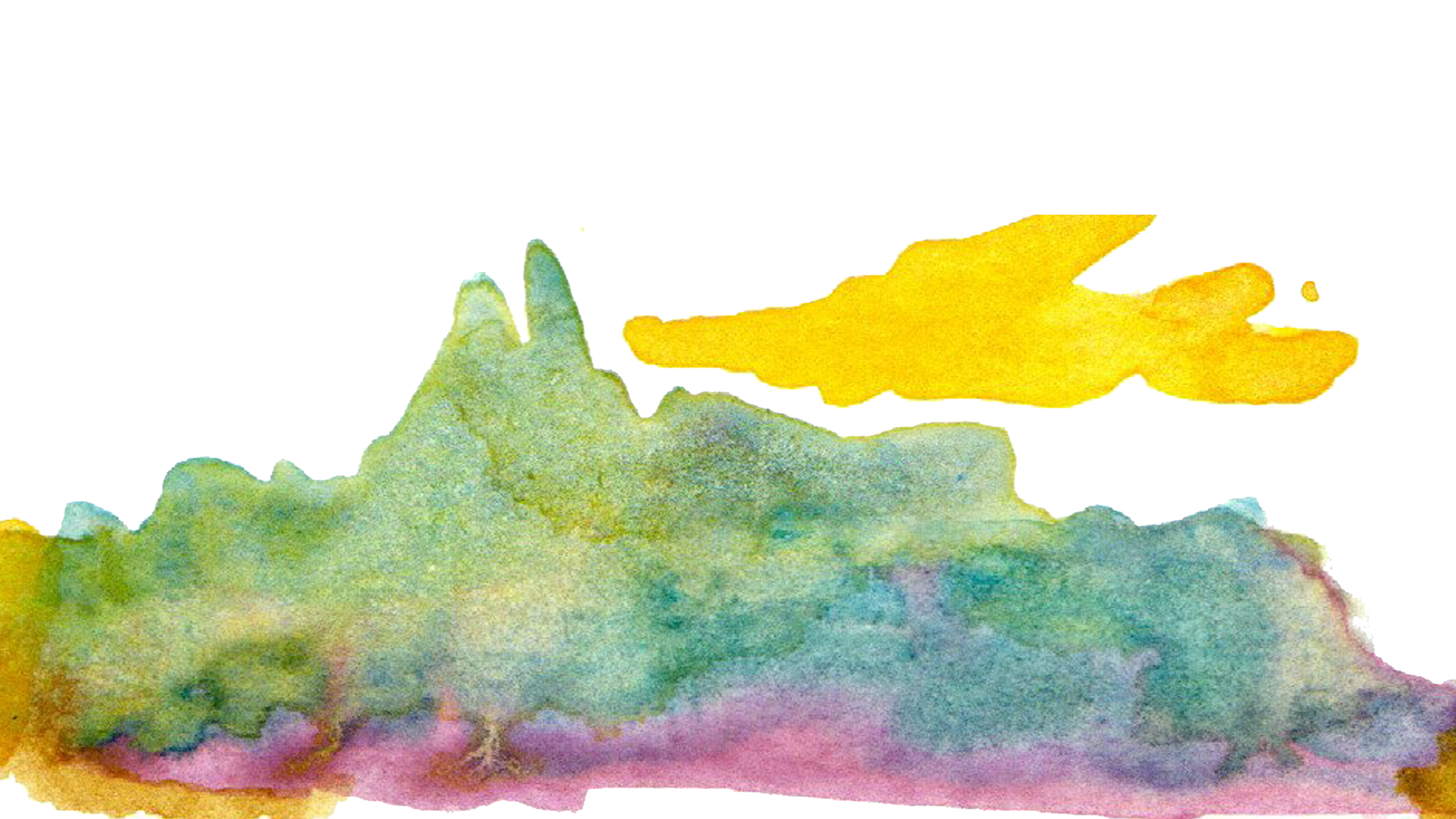 Pintura abstracta con formas irregulares en colores verdes, amarillos y rosados, con un fondo negro.