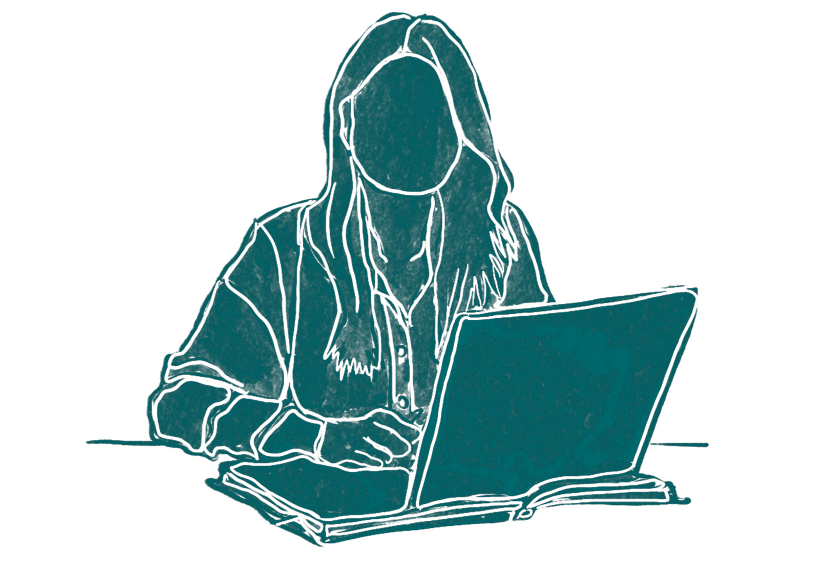 Ilustración de una mujer sin rostro usando una camisa y una sudadera, trabajando en una computadora portátil sobre una mesa.