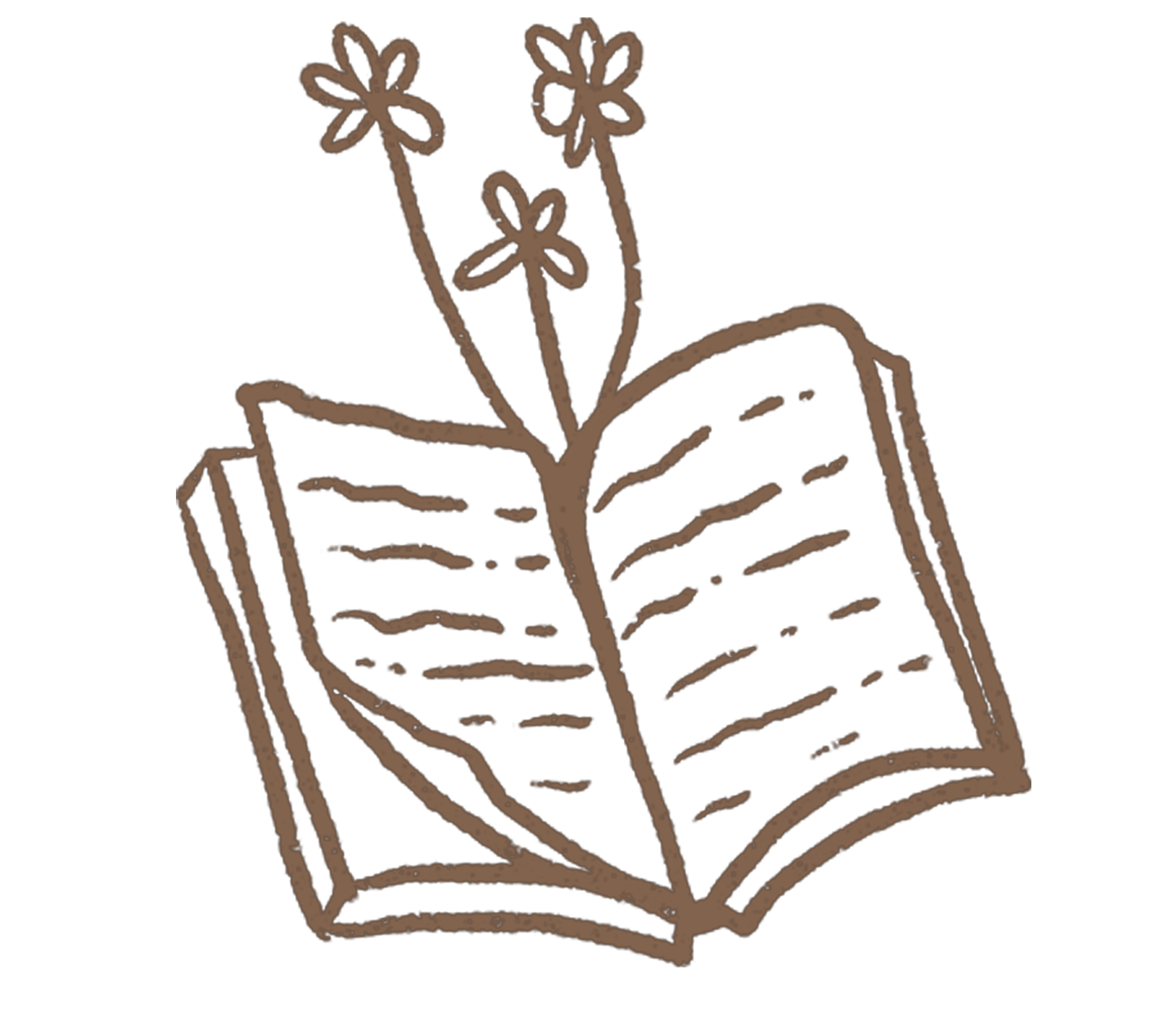 Dibujo de una libreta abierta con un ramo de flores sobre ella.