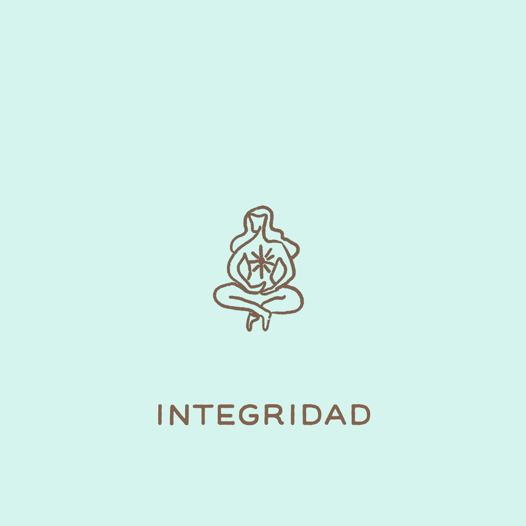 Ilustración sencilla de una figura humana en posición de meditación con un símbolo en el pecho y la palabra 'Integridad'