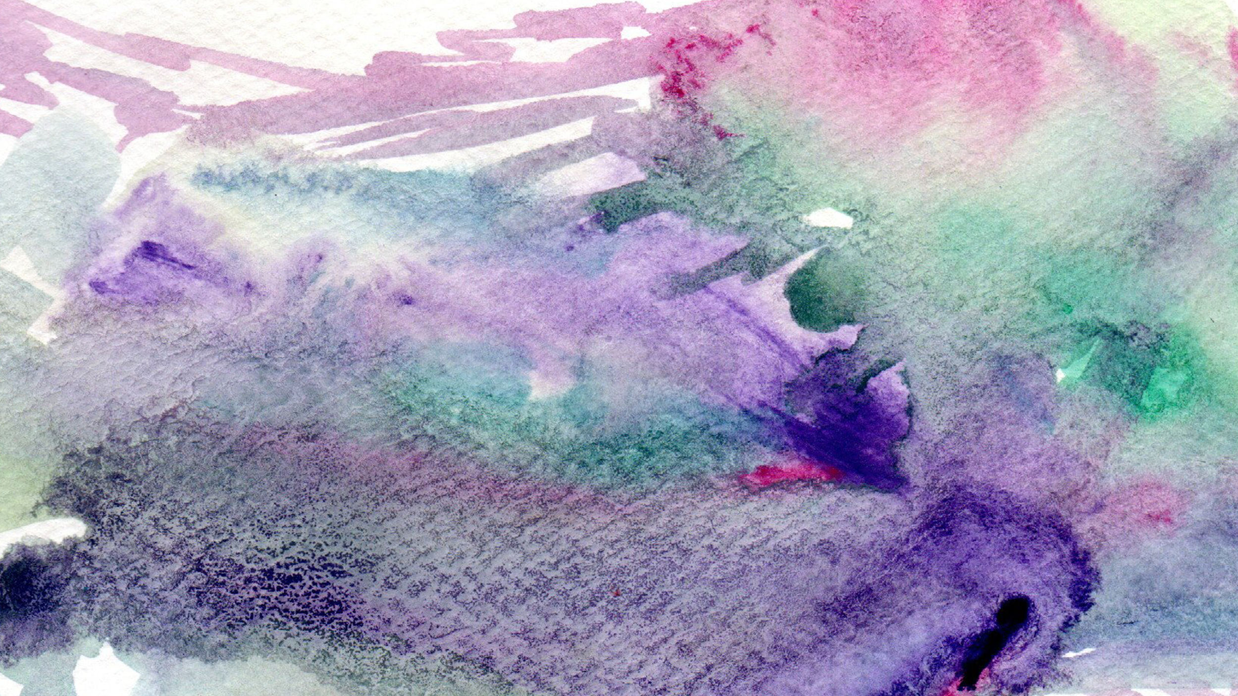 Pintura abstracta en acuarela con tonos morados, verdes y rosados