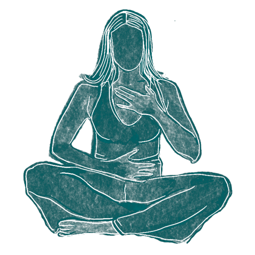 Dibujo de una mujer sentada en posición de meditación con las piernas cruzadas, tocándose el pecho con la mano derecha.