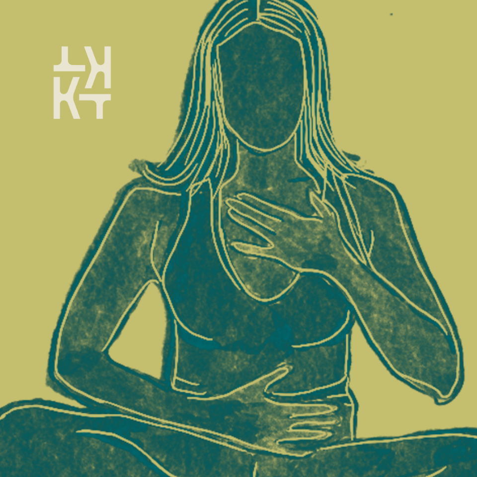 Ilustración de una mujer con la mano en el pecho, sin rostro visible, en estilo lineal y con colores verdes y beige.