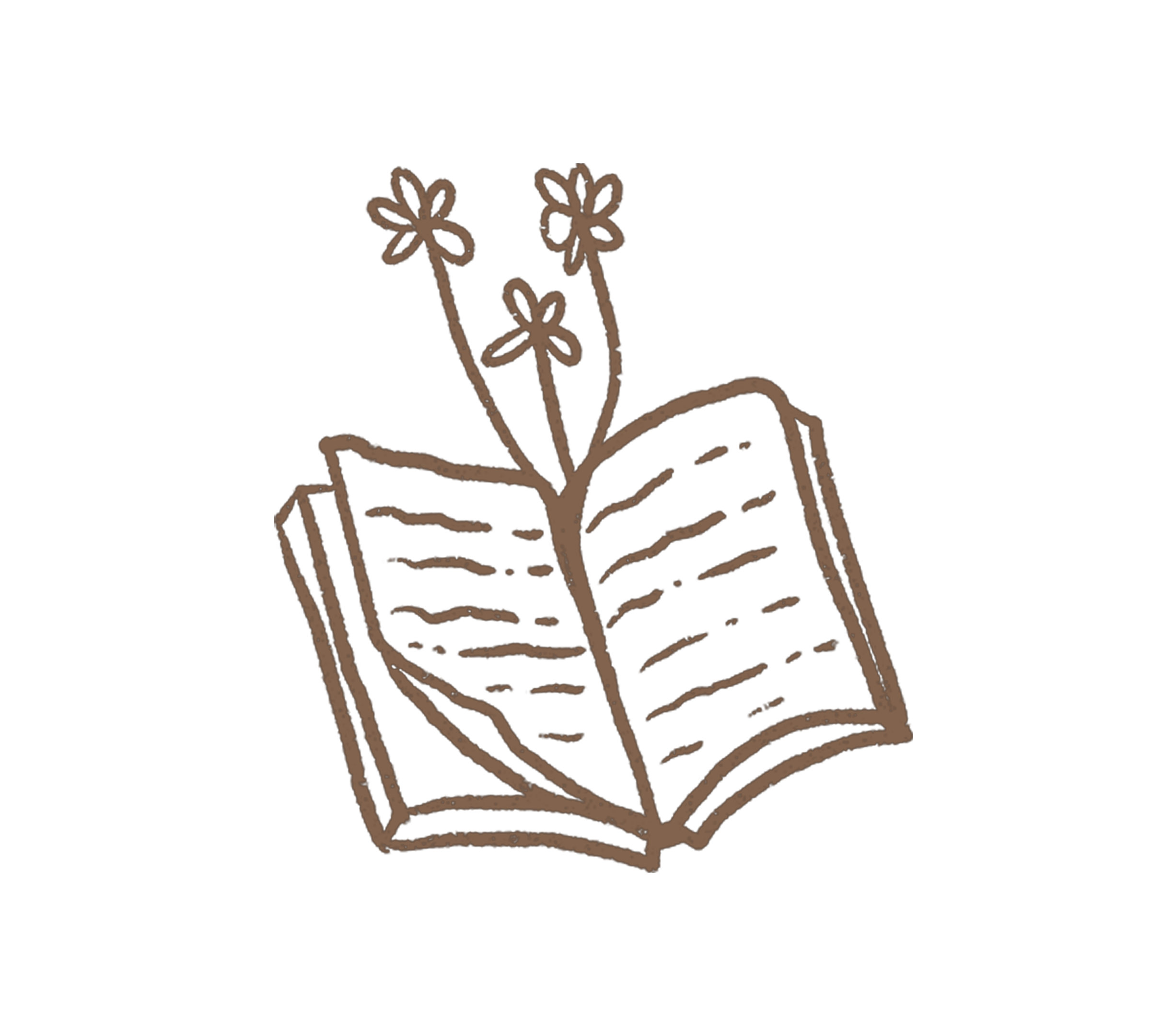 Dibujo de una mano abriendo un libro con flores creciendo de las páginas.