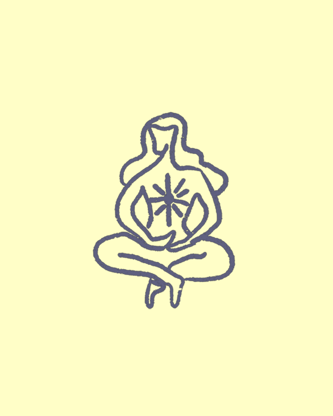 Dibujo de una figura humana en posición de meditación con un símbolo de estrella en el centro del pecho, en línea simple estilo de arte minimalista.