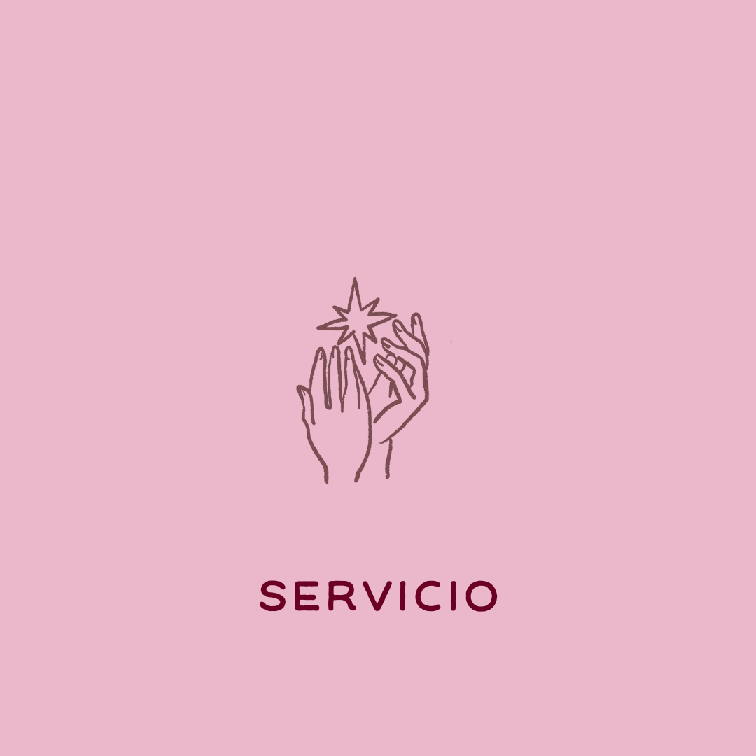 Ilustración simple de manos con una estrella en un fondo rosa y la palabra "Servicio" en la parte inferior.