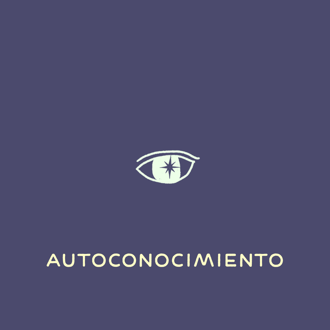 Efecto visual de un ojo con un símbolo en el medio y la palabra "Autoconocimiento" abajo en un fondo azul.