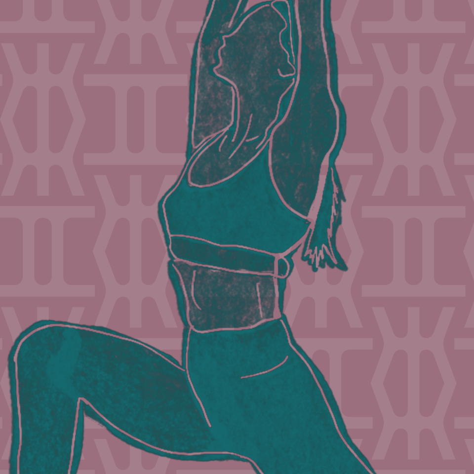 Dibujo estilizado de una mujer haciendo una postura de estiramiento con brazos levantados, usando ropa deportiva, fondo con patrón geométrico en tonos rosas y morados.