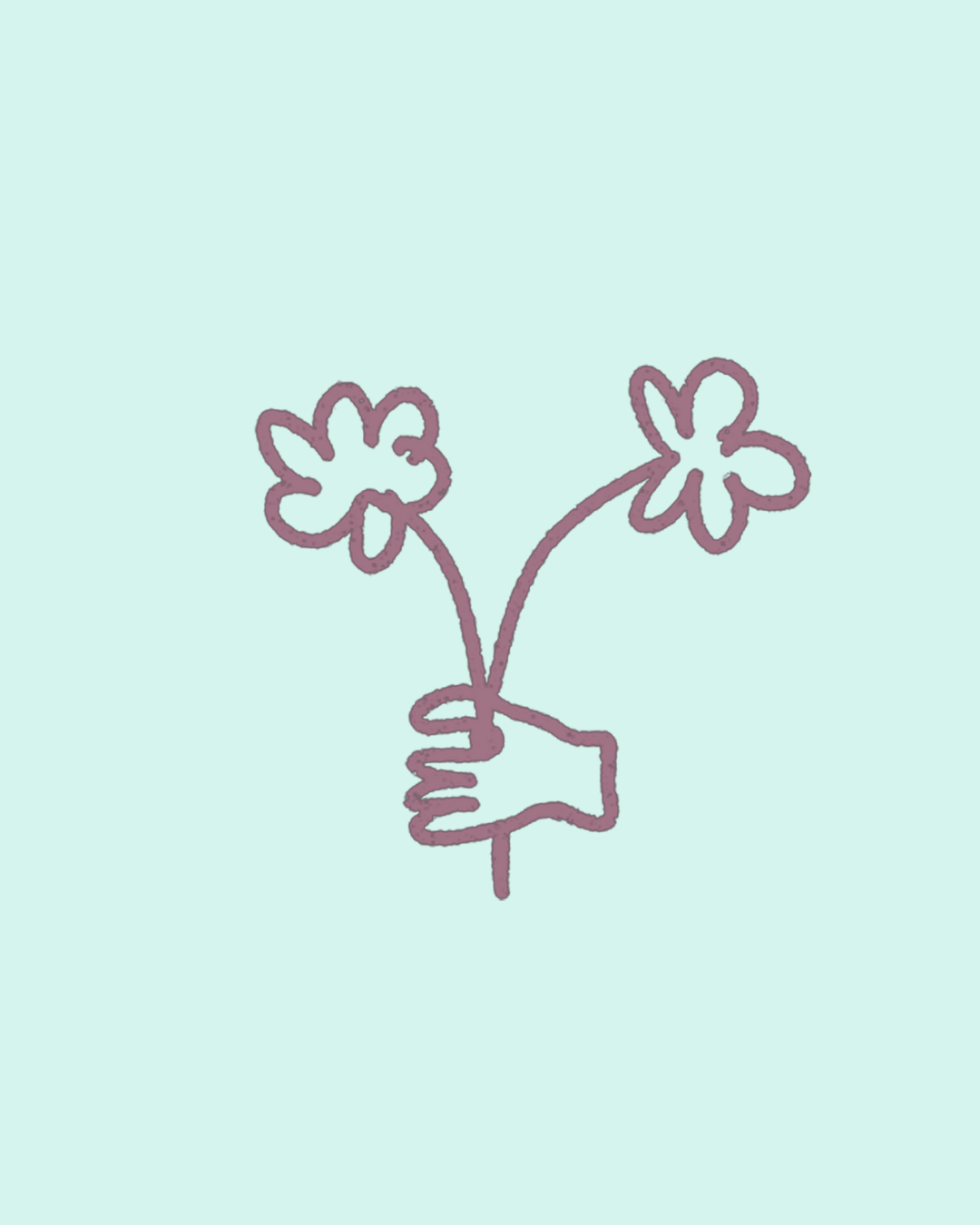 Dibujo simple de una mano sosteniendo dos flores de cinco pétalos cada una, en línea de color morado y fondo azul claro.
