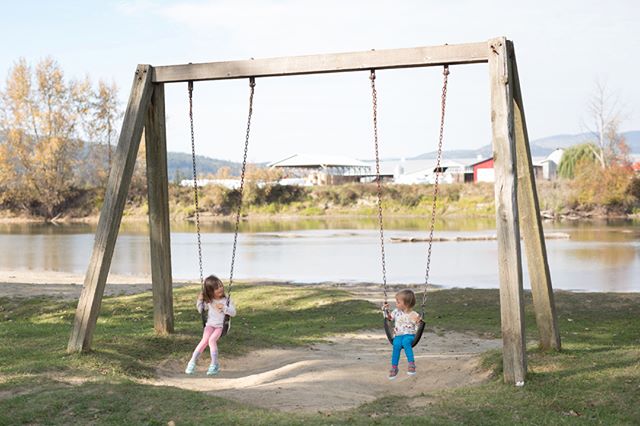 Passed through Enderby, BC and stopped at this little park (Tuey Park) along the river. 
The crackers they&rsquo;re holding prevented any actual swinging but they still put up a fight when I said it was time to go. Apparently sitting 2 feet off the g