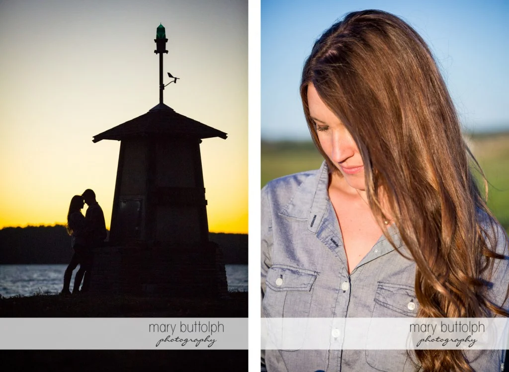 Couple catch the sunset near the lake and woman poses alone at Aurora Engagement