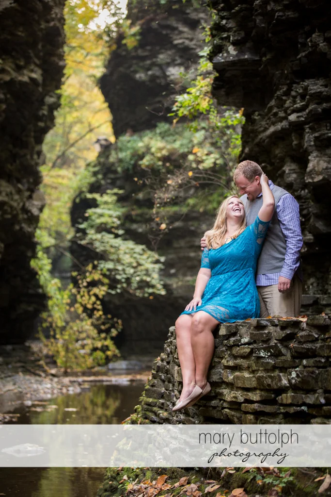 Couple pose on the gorge at Watkins Glen Engagement