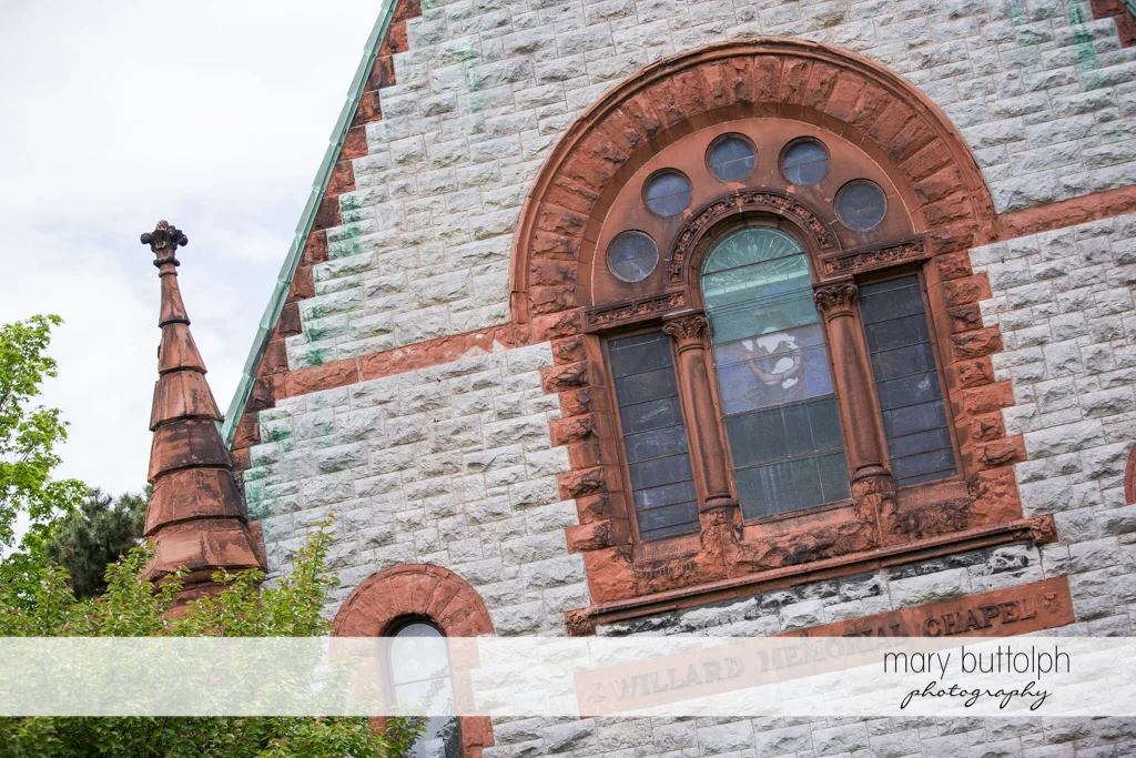 The facade of the church at the Inns of Aurora Wedding