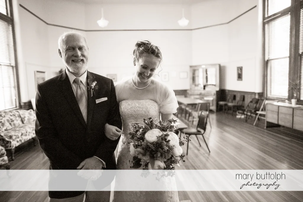 Bride and her father at the wedding venue at the Inns of Aurora Wedding
