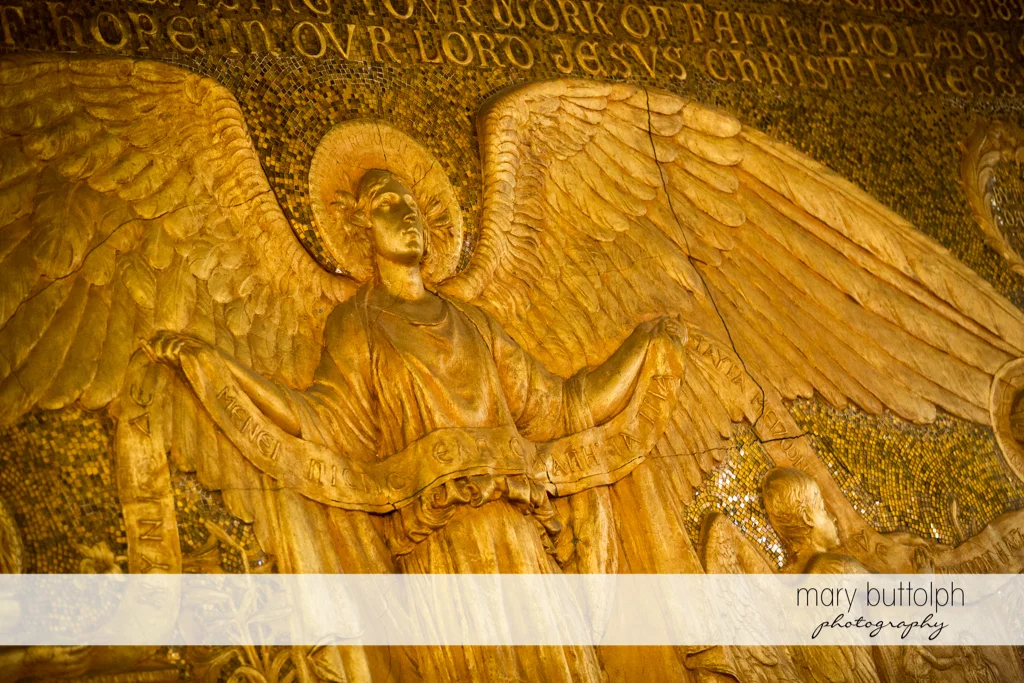 Stone carvings in church at the Inns of Aurora Wedding