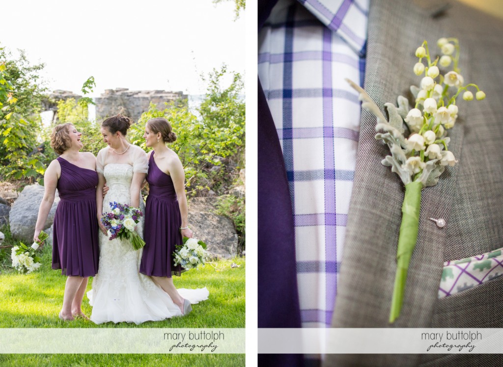 Bride and her bridesmaids near the ruins and a groomsman's boutonniere at the Inns of Aurora Wedding