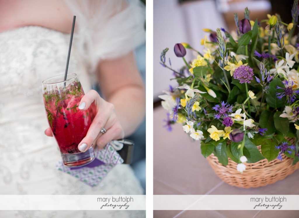 Cool pink drink and flowers at the wedding venue at the Inns of Aurora Wedding
