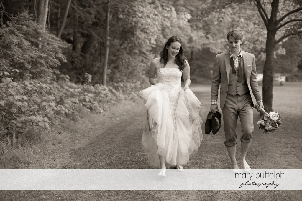 Couple walk home after spending time in the lake at Taughannock Falls Wedding