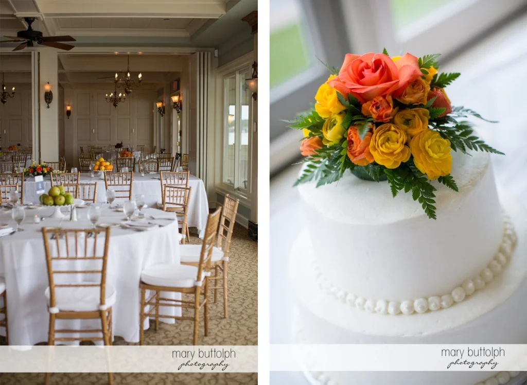 The wedding venue and the couple's cake at Skaneateles Country Club Wedding