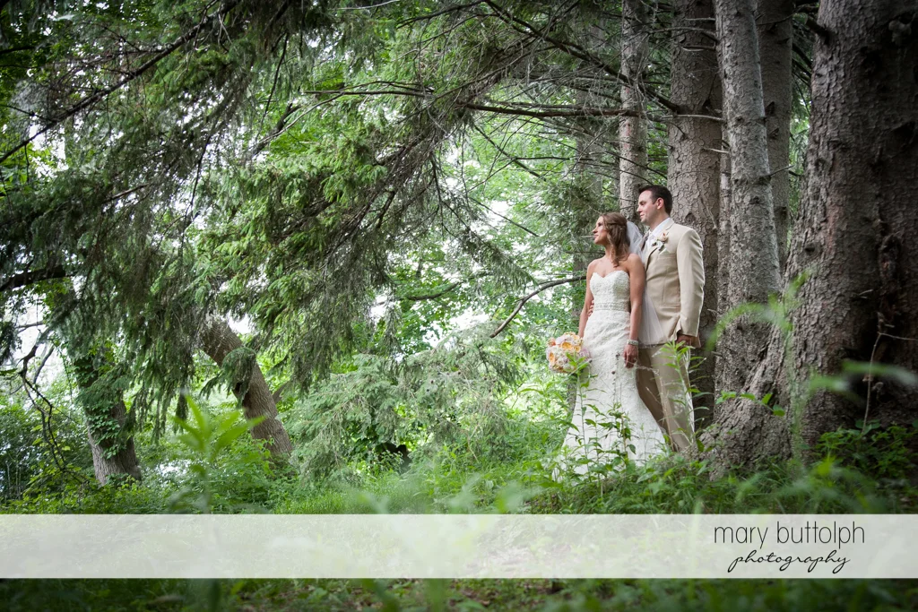 Couple in the woods at the Inns of Aurora Wedding