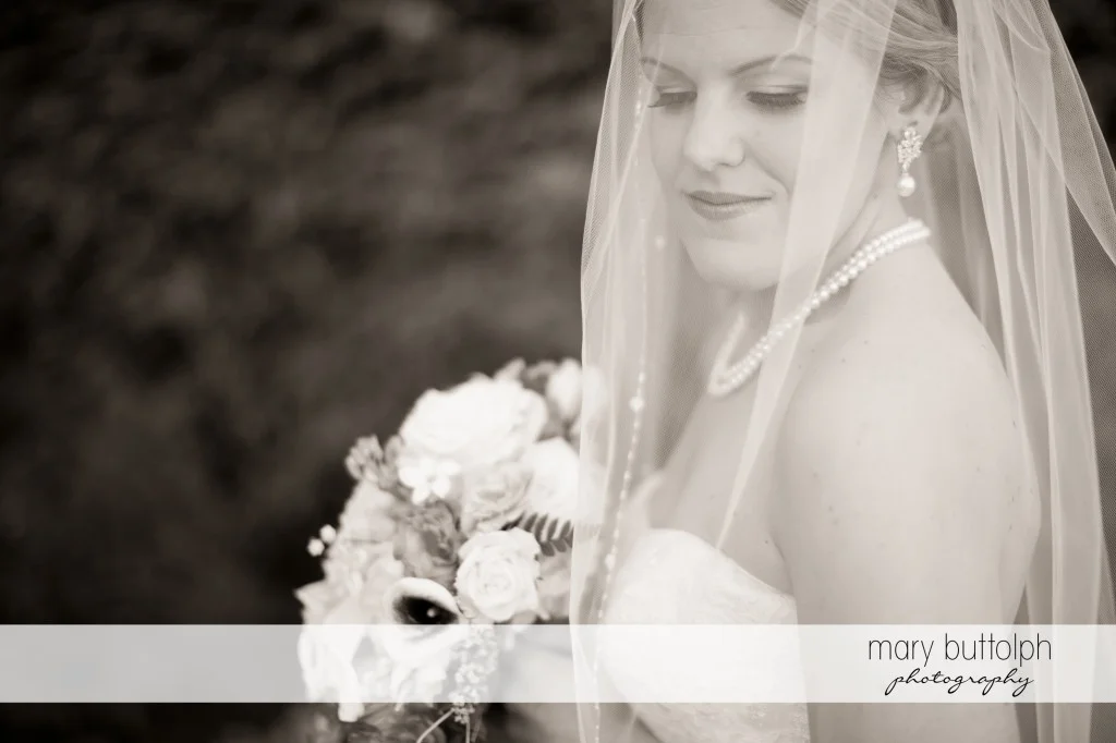 Veiled bride with bouquet in white wedding dress at Emerson Park Pavilion Wedding