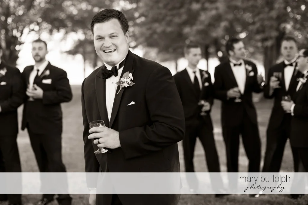 Groom and his groomsmen in the garden at Emerson Park Pavilion Wedding