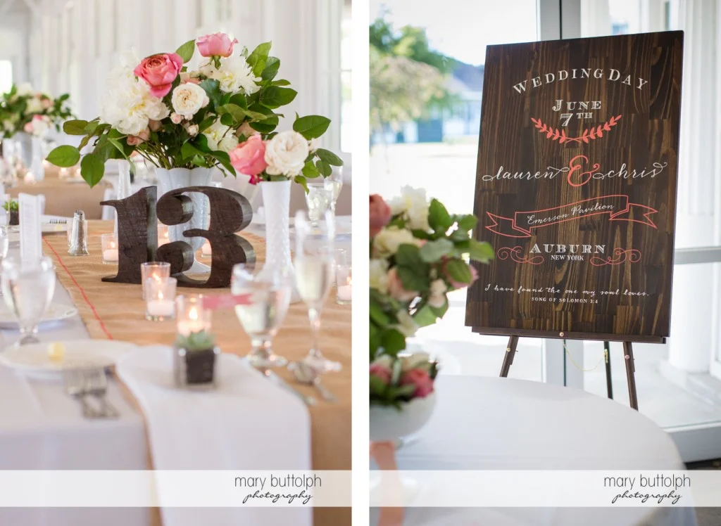 Table 13 for guests and a sign at the wedding reception at Emerson Park Pavilion Wedding