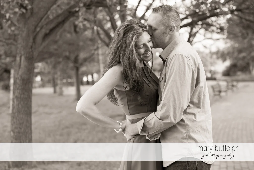 Couple in a great black and white shot in the garden at Franklin Square Engagement