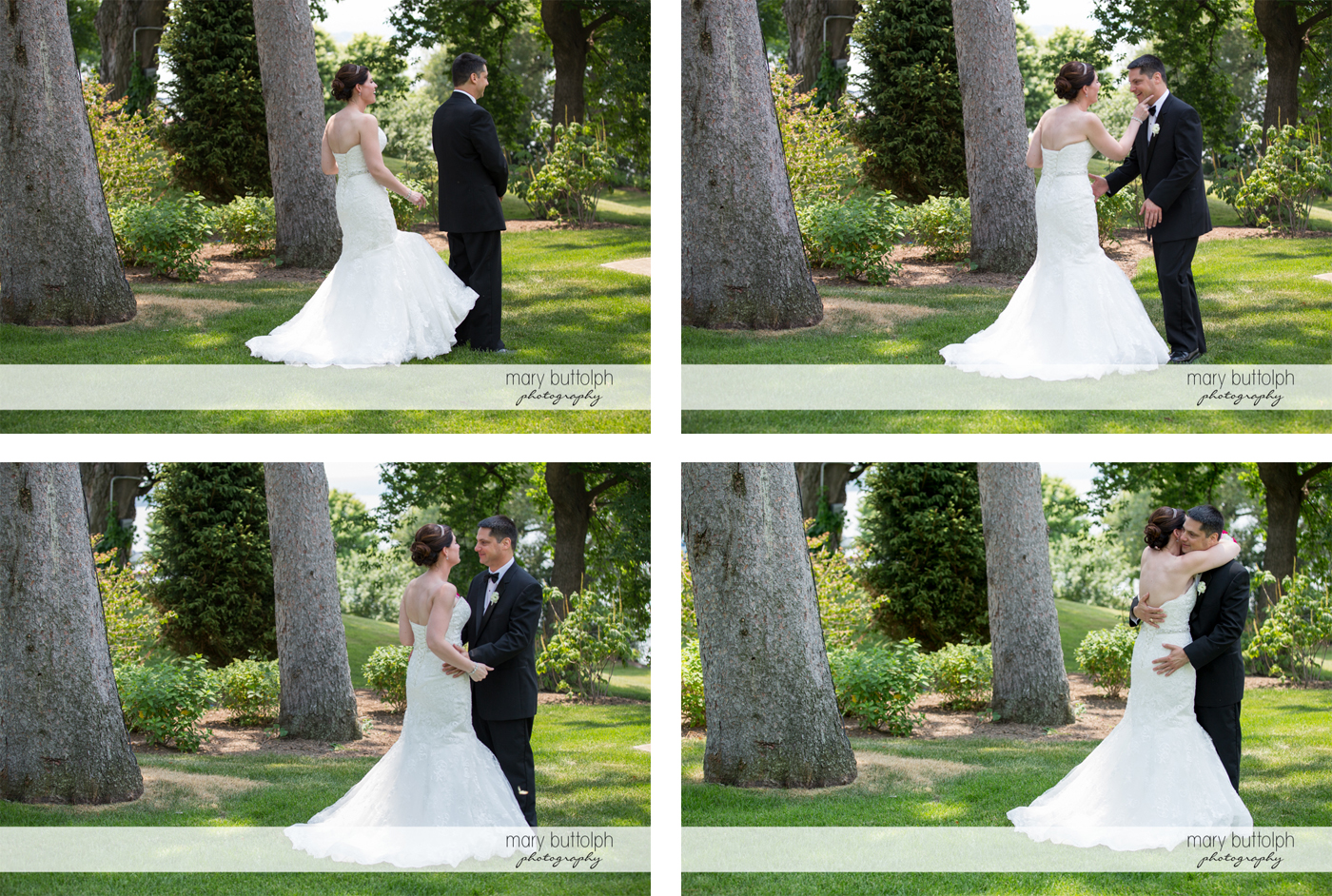 Different shots of the couple in the garden at the Inns of Aurora Wedding