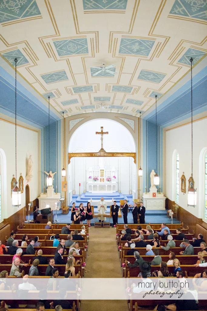 Overhead shot of the church with guests at the Inns of Aurora Wedding