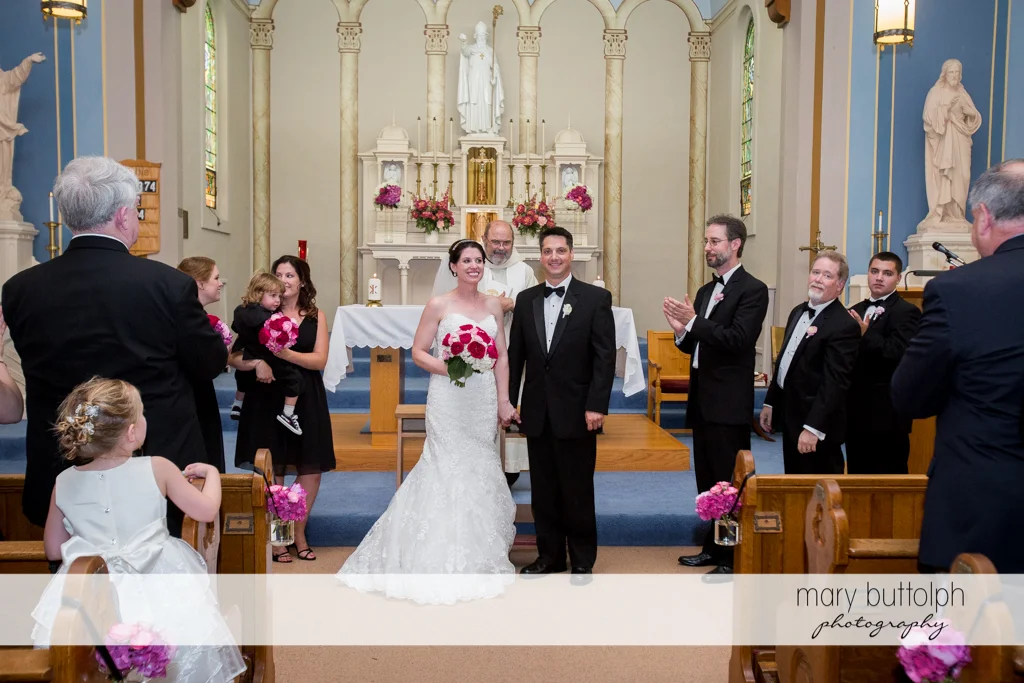 Couple face guests after the wedding at the Inns of Aurora Wedding