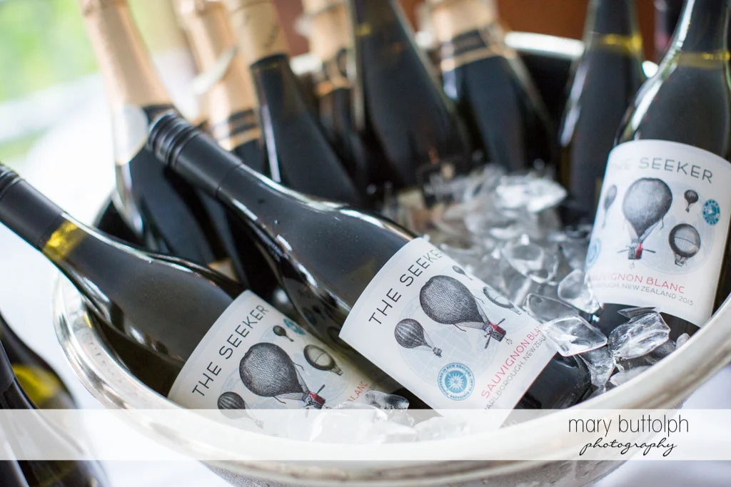 Bottles of wine at the wedding venue at the Mirbeau Inn & Spa Wedding