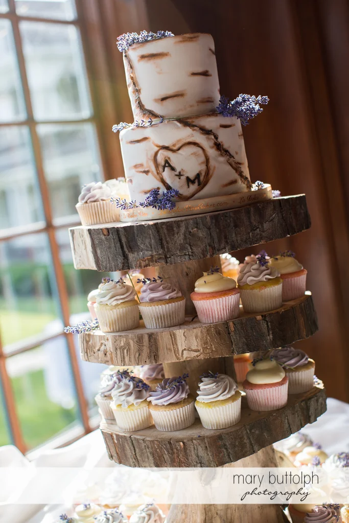 Couple's lavender-themed wedding cake at the Sherwood Inn Wedding