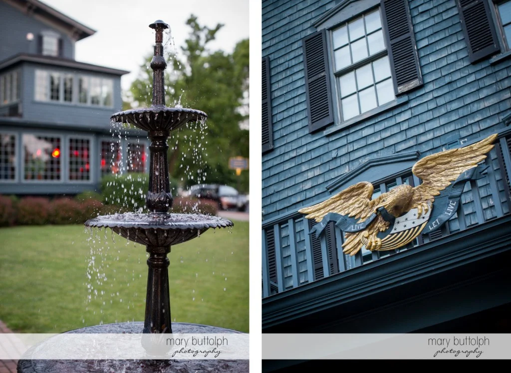 Close up shot of the fountain and the inn's facade at the Sherwood Inn Wedding