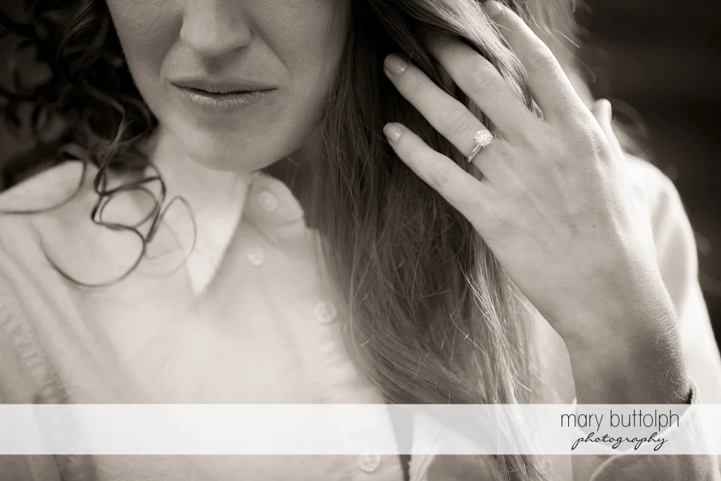 Bride shows her wedding ring at the Inns of Aurora Wedding
