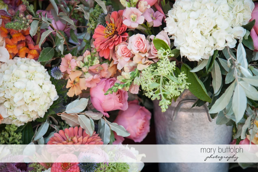 Close up shot of flowers at the Inns of Aurora Wedding