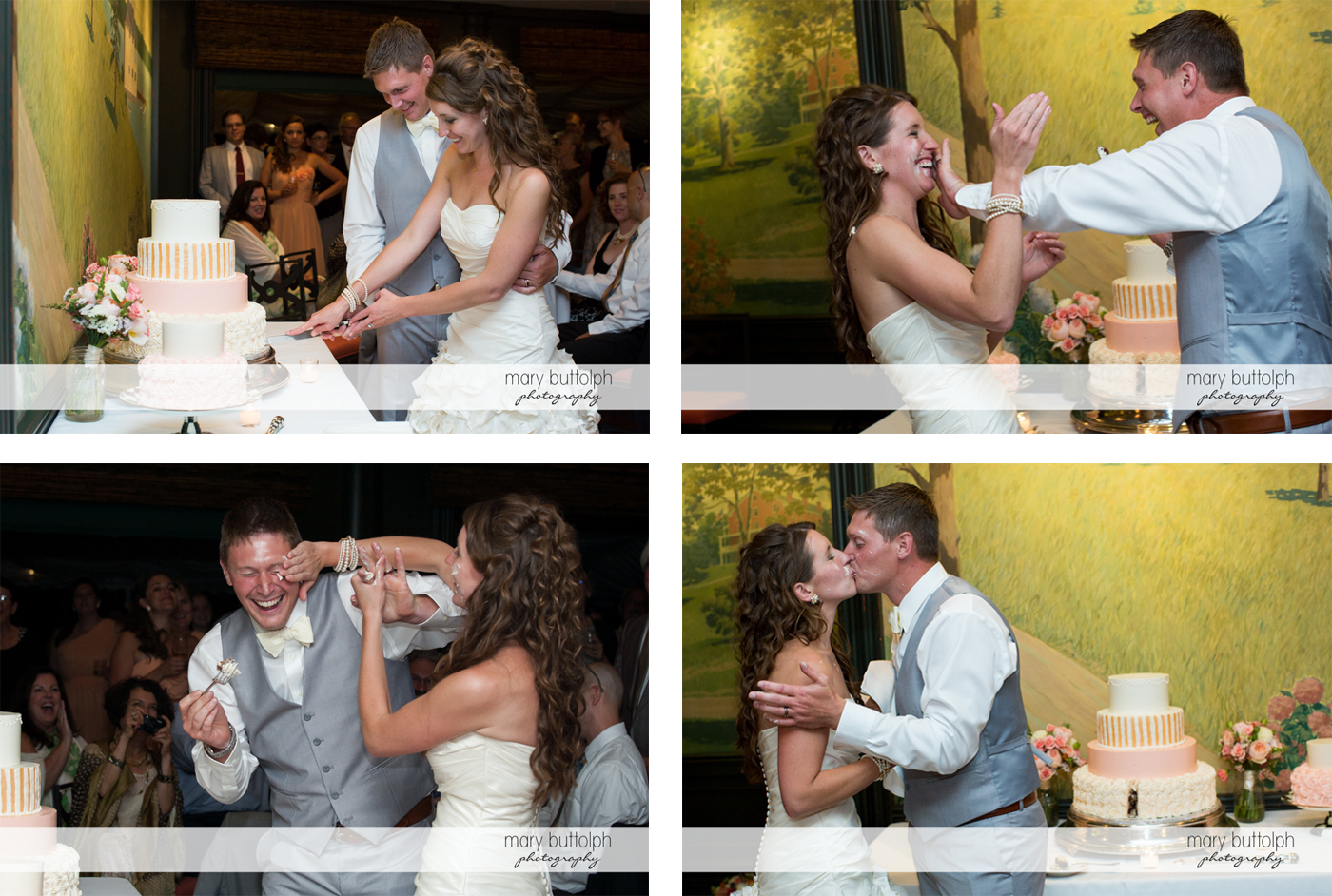 Couple clown around while cutting the cake before kissing at the Inns of Aurora Wedding