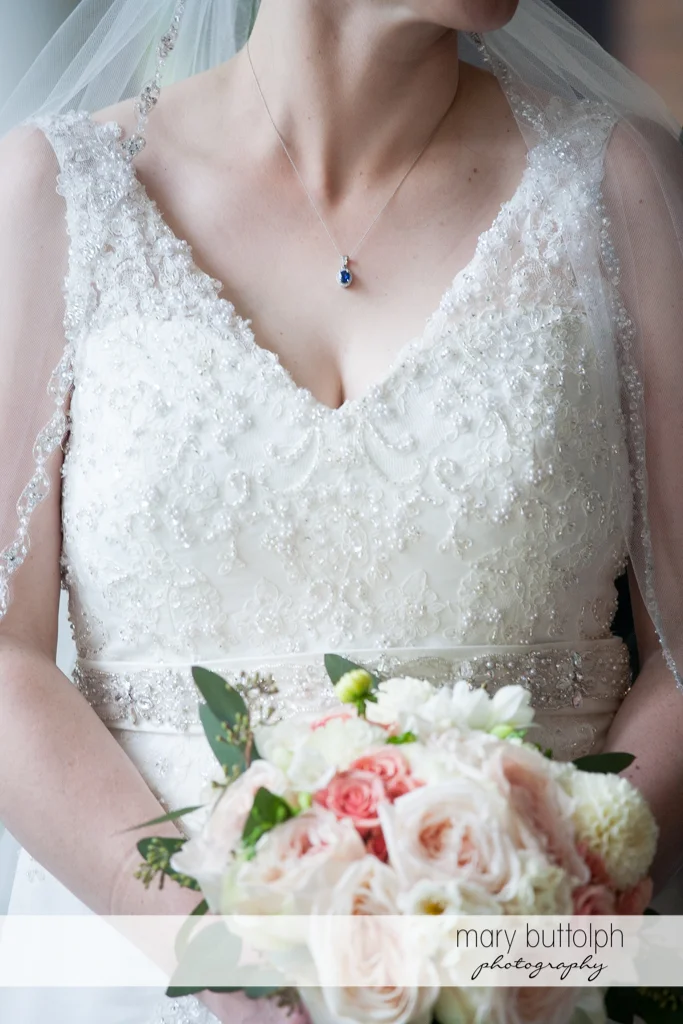 Bride's necklace is focal point of this shot at the Inns of Aurora Wedding