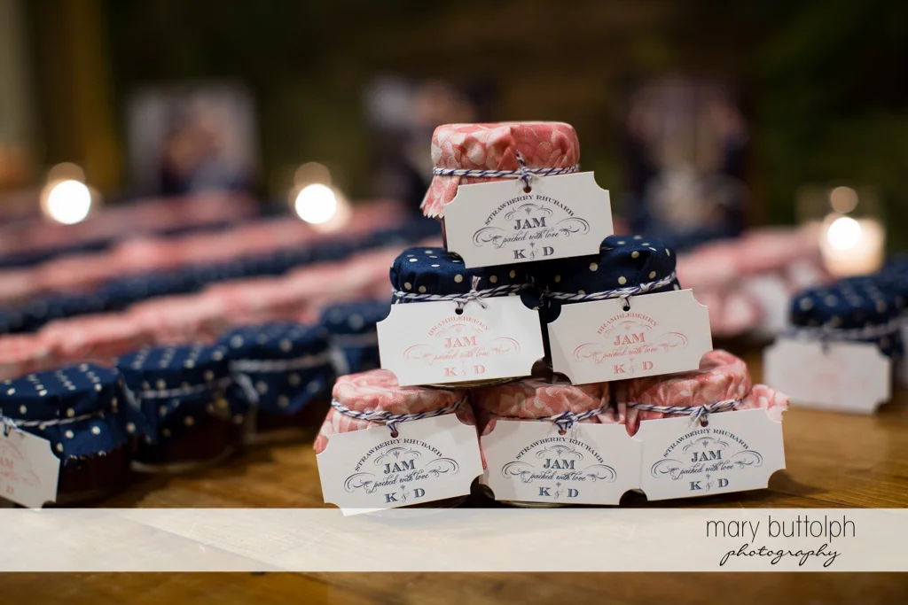 Bottles of jam to be given to guests at the Inns of Aurora Wedding