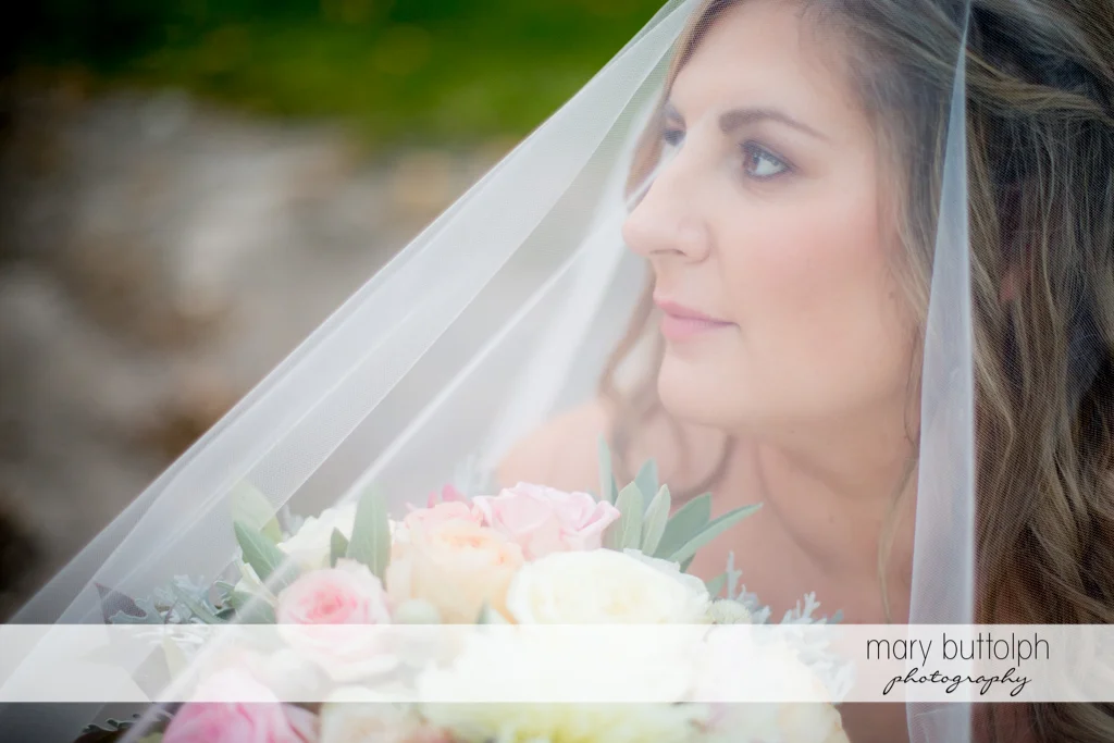 Close up shot of the bride at the Inns of Aurora Wedding