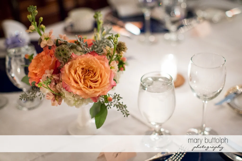 Close up shot of a bouquet in one of the tables at the wedding venue at Rowland House Wedding