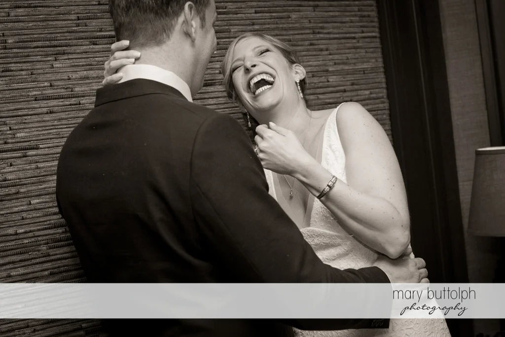 Couple in good spirits at Rowland House Wedding