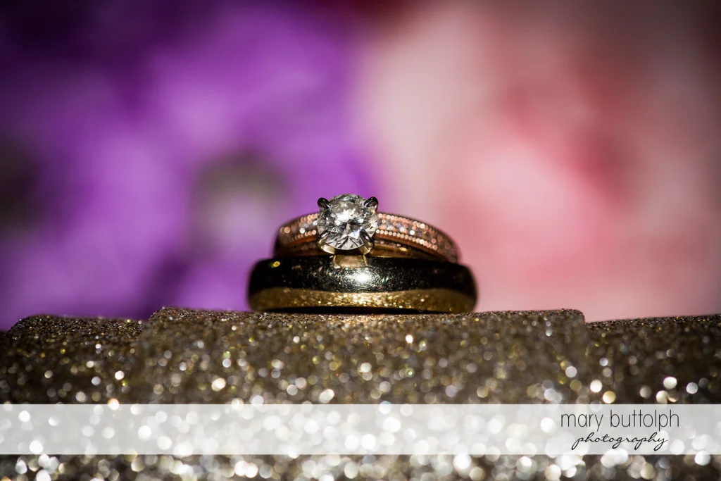 Couple's wedding rings at the Lodge at Welch Allyn Wedding