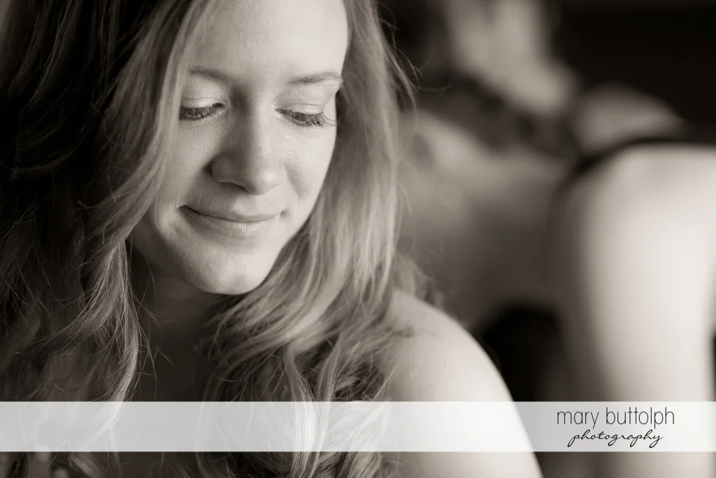Dramatic black and white shot of the bride at the Lodge at Welch Allyn Wedding