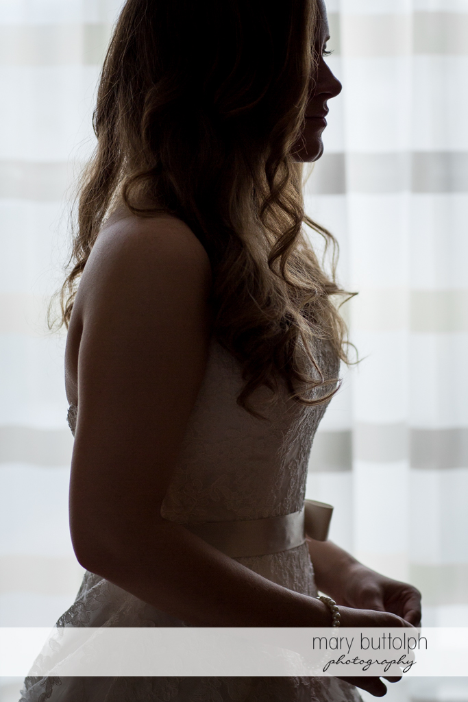 Side view of the bride at the Lodge at Welch Allyn Wedding