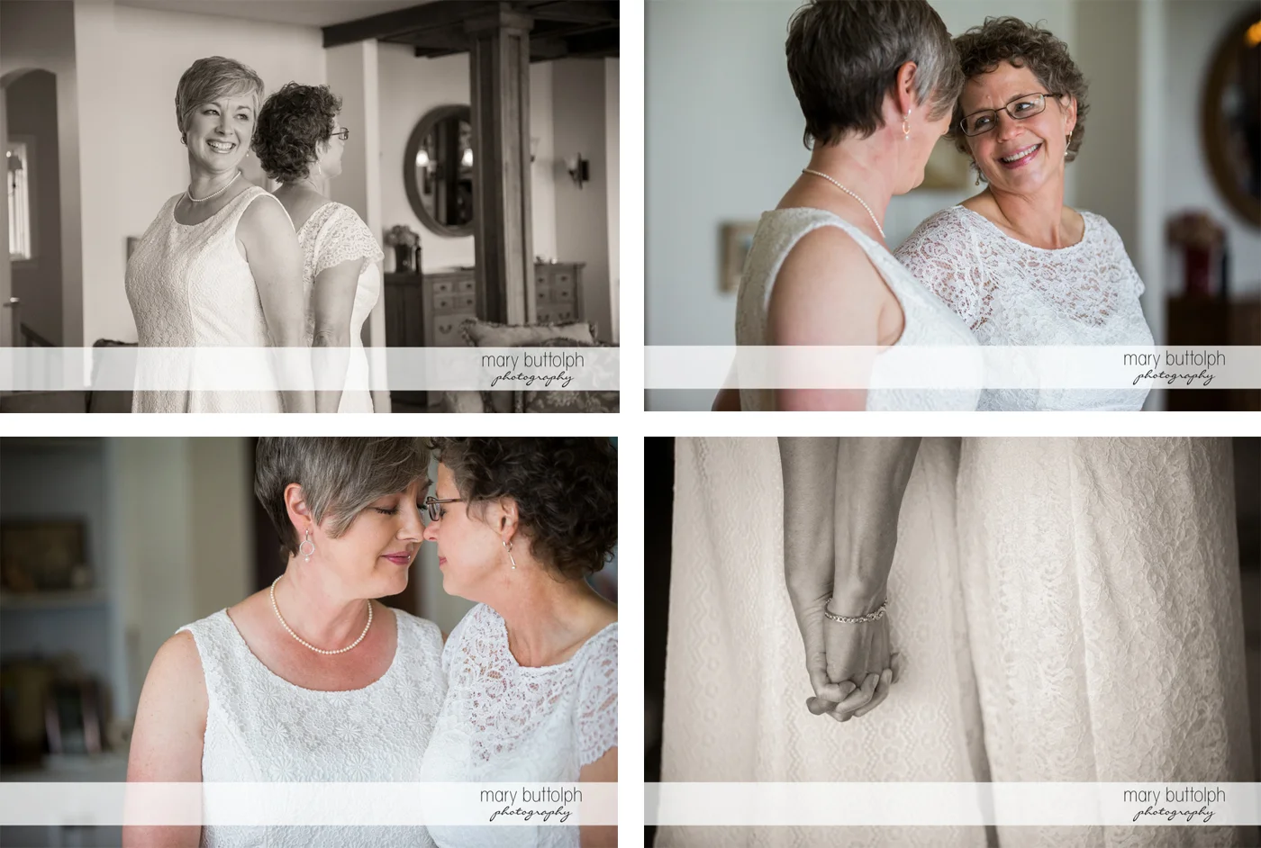 Four different shots of the same sex couple at Mandana Barn Wedding